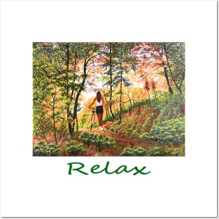 Woman girl with bicycle peaceful relaxing in woods zen yoga buddhism Posters and Art